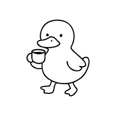 Black line art of a cartoon duck holding a coffee cup