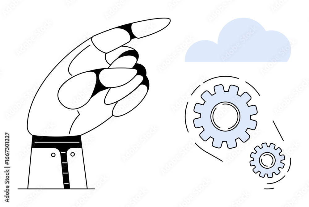 Poster robotic hand directing toward cloud and moving gears, illustrating technology, automation, innovatio