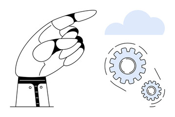 Robotic hand directing toward cloud and moving gears, illustrating technology, automation, innovation, workflow, cloud computing, mechanical processes. Ideal for AI, IT teamwork manufacturing