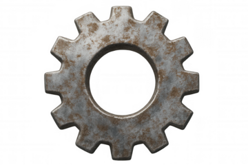Rusty metal gear rotating, showcasing mechanical precision against transparent backdrop, symbolizing industrial engineering