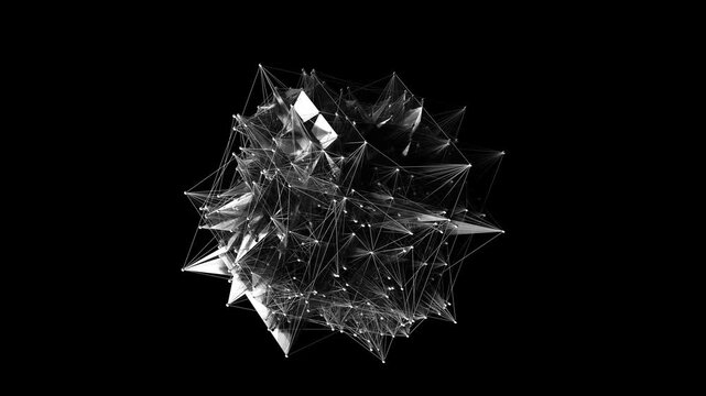 3d render of monochrome black and white abstract art video animation with surreal cube object in wire structure with translucent plastic parts in the deformation transformation process 