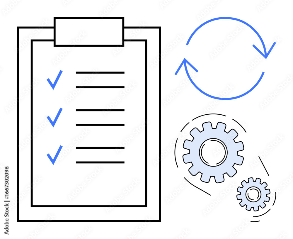 Poster task checklist with marked items, two gears showing mechanisms, and circular arrows indicating repet