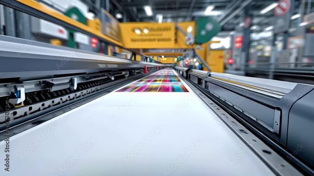 Poster industrial printer applying vibrant colors onto expansive paper roll, showcasing high speed color pr