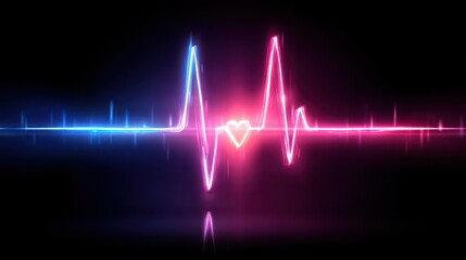 Neon pink and blue heartbeat pulse on black background with glowing light effects.