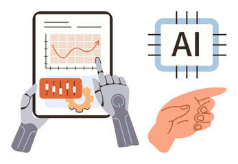 Robot hands inspecting data on a tablet with graph and control panel, AI chip, human hand pointing. Ideal for technology, AI, data analysis, robotics, human-AI collaboration, automation innovation
