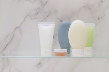 Skin care cosmetic bottles mockup in bath, plastic containers, hygiene concept