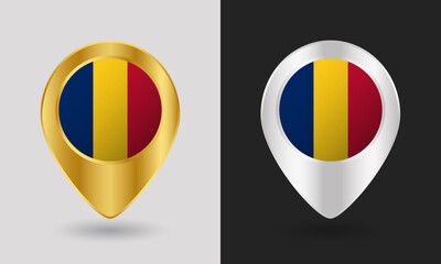 Fototapeta premium Gold and Silver Chad Flag Map Pin Icon