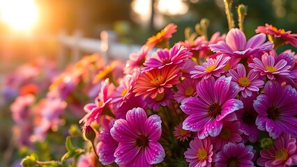 Dew-covered floral arrangement in English garden