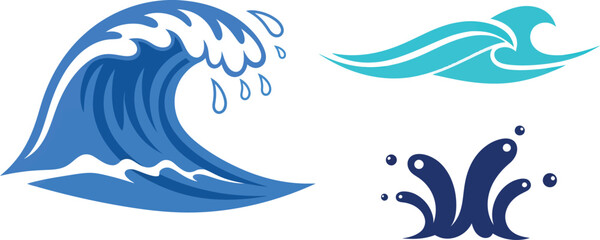 Stylized blue water wave and splash graphics on a white background.