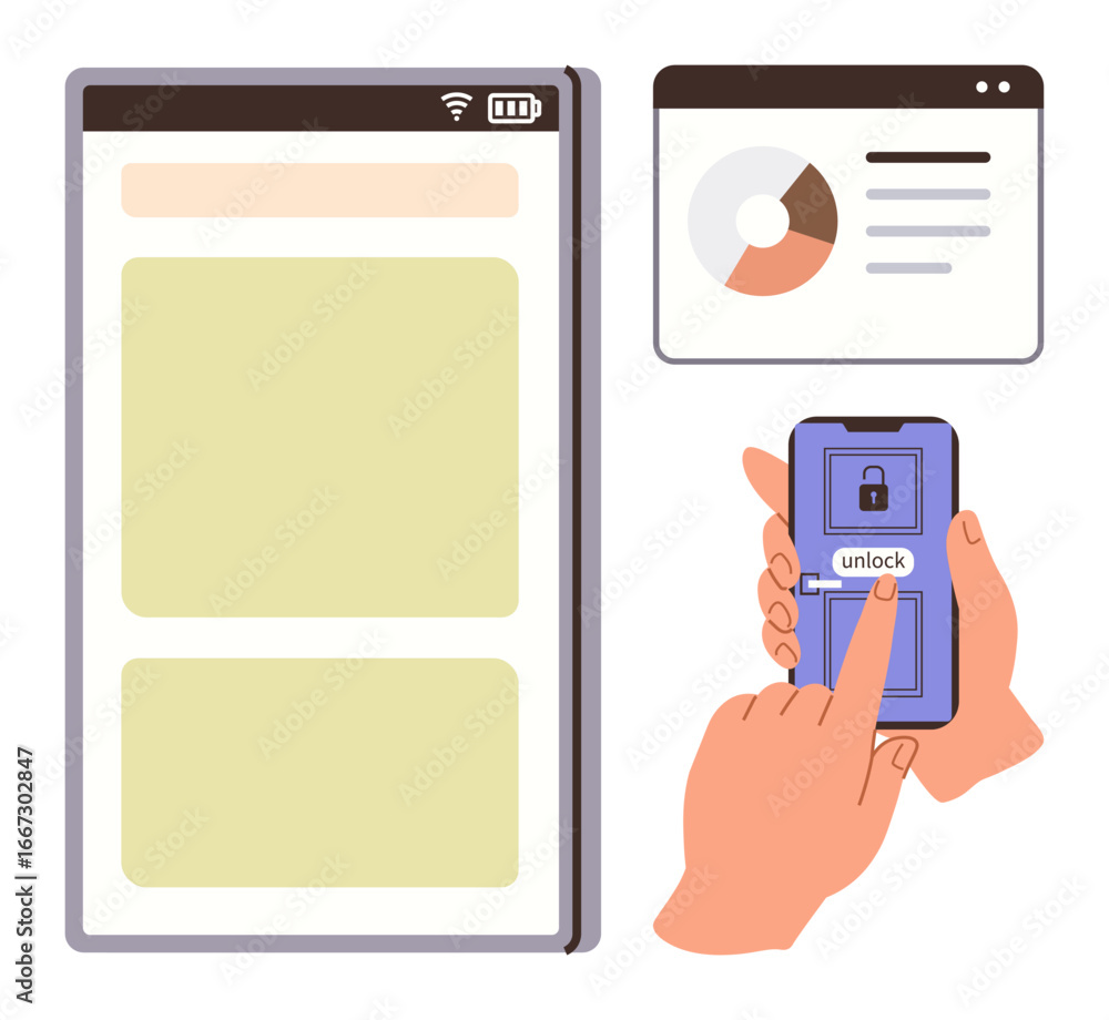 Poster hands unlocking smartphone with secure interface, data report window, and app layout. ideal for tech