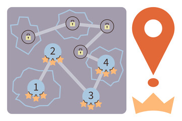 Multi-level game map with stars, locks on paths, numbered checkpoints. Bright orange location pin and crown. Ideal for gaming progress, achievement, strategy, motivation, goal setting user