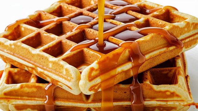 Golden Waffle Delight: A stack of fluffy waffles drizzled with luscious syrup, creating a visual feast.