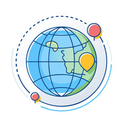 Stylized World Globe with Location Pins and Orbiting Path, Depicting Global Connectivity