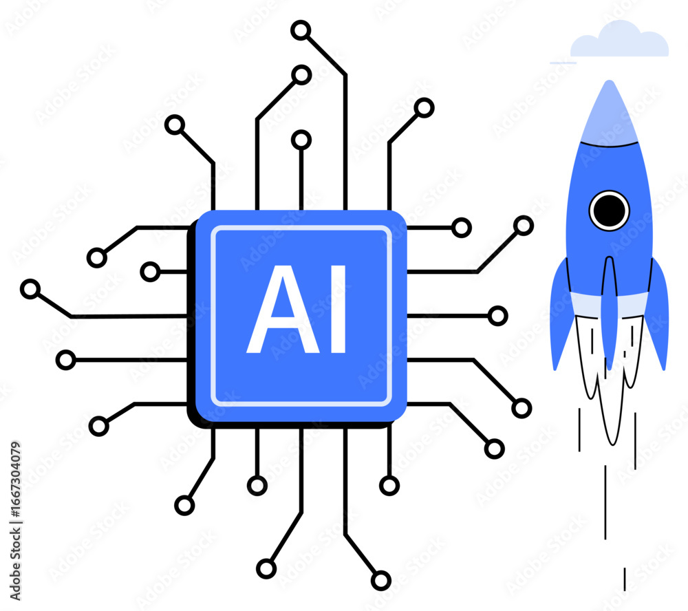 Aufkleber ai processor with circuits connected to its core, accompanied by a blue rocket taking off. ideal for