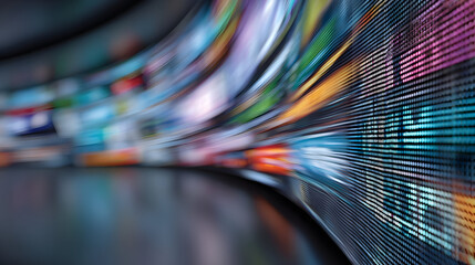 Immersive journey through a futuristic tunnel of glowing multimedia screens, showcasing a high-speed flow of digital information and streaming content