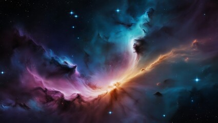 Fototapeta premium Colorful Space Nebula Background – Vibrant Galactic Starfield with Blue, Pink, and Orange Glow