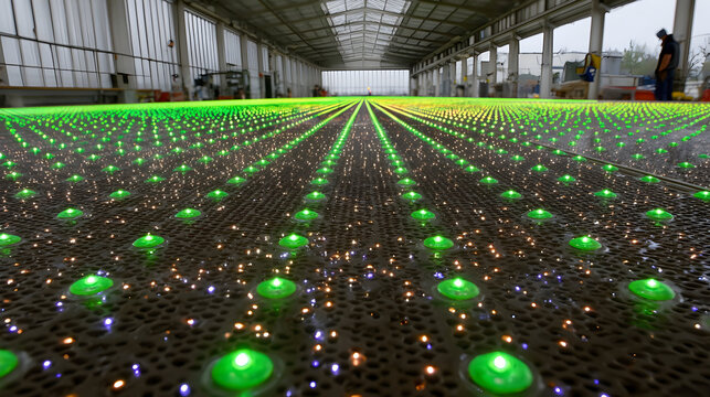 Futuristic industrial landscape featuring a vast matrix of glowing green LED lights symbolizing network infrastructure and data flow