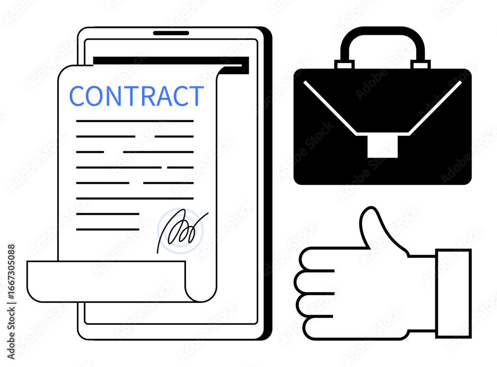 Poster tablet displaying contract with signature, alongside briefcase and thumbs-up gesture. ideal for busi