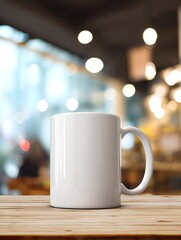 Fototapeta premium Minimal white ceramic mug mockup against a modern café interior with a barista counter and soft natural light