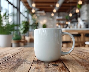 Minimal white ceramic mug mockup against a modern café interior with a barista counter and soft natural light