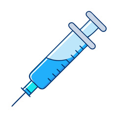 Blue and white syringe filled with a liquid ready for injection