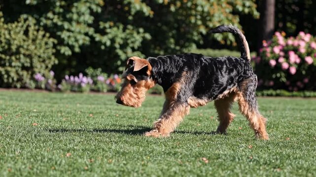 A lively dog walks on grass in a garden, captured from a low-angle. The video highlights its playful nature amidst colorful flowers and greenery.