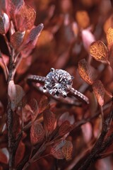 elegant classic engagement ring solitaire type with a single two carate round cut diamond, on a autumn vines natural background with red orange leaves, earthy tones