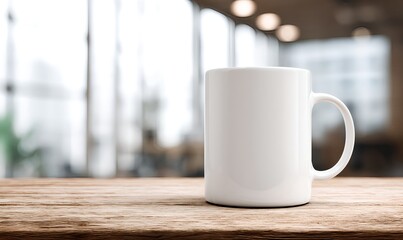 Fototapeta premium Blank white mug mockup in a cozy coffee shop setting with warm bokeh lights and a rustic wood counter