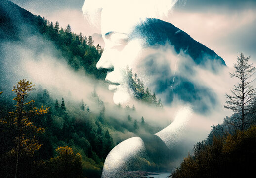 Black And White Mist Mountain Image Effect Double Exposure Forest Portrait