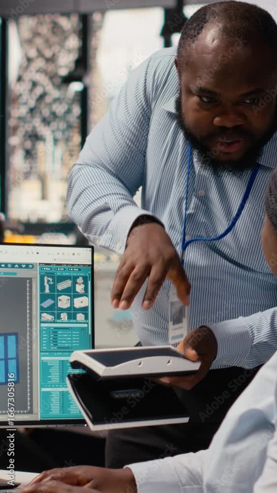Poster technicians work together to evaluate advanced solar cell technology clean energy based device. rese