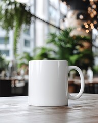 Minimal white ceramic mug mockup against a modern café interior with a barista counter and soft natural light