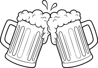Two frothy beer mugs clinking together in celebration. black and white line drawing vector illustration.