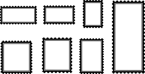 A collection of black and white postage stamp-style frames in different rectangular shapes. Vector illustration.