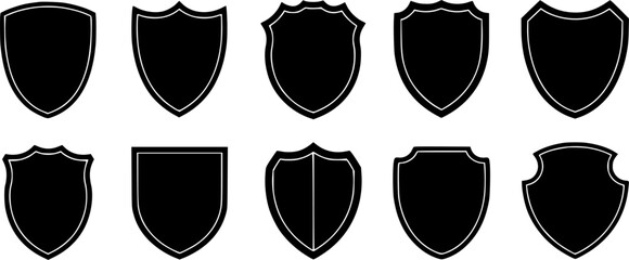 A set of various shield shapes, perfect for use in logos, icons, or website design. Black shield vector silhouettes