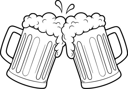 Two frothy beer mugs clinking together in celebration. black and white line drawing vector illustration.