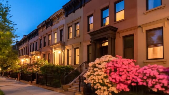 Row of Colorful Townhouses with Blooming Flowers at Twilight in an Urban Setting with Decorative Facades and Architectural Details
