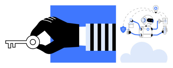 Black hand holding a key beside a robot managing tasks thumbs up security, settings, and processes in a cloud environment. Ideal for automation, security, access, technology, cloud, efficiency