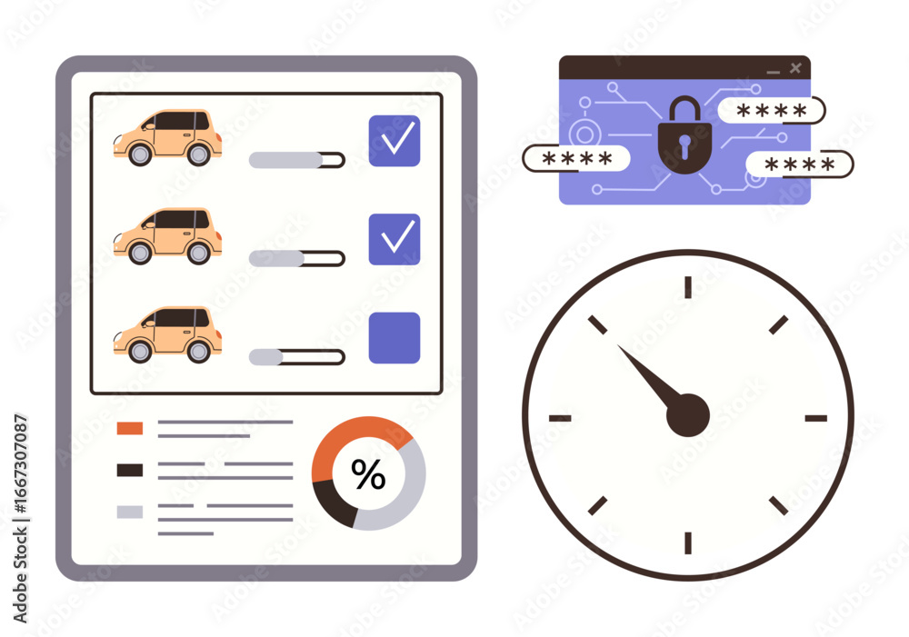 Poster cars with checklist and percentage graph, secure password with lock, and clock for time concept. ide
