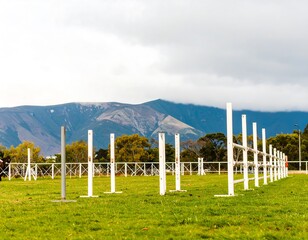 Equestrian obstacle course in a park with mountains in the background