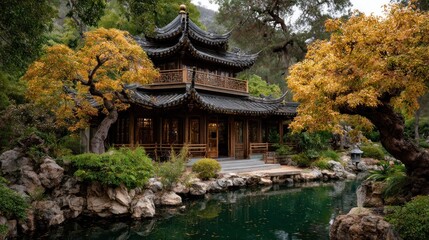 Serene Japanese Garden with a Traditional Building and Tranquil Pond