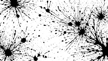 Black and white ink splatters on a white background with abstract chaotic stains, expressive shapes and artistic texture forming a high contrast graphic pattern