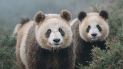 Obraz premium Two Adorable Giant Pandas in a Natural Habitat, Capturing a Heartwarming Moment