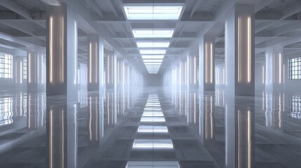 Obraz premium Futuristic interior with columns and lights reflecting on the floor