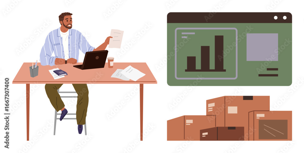 Poster man at desk working on a laptop, reviewing papers with stacked boxes and bar chart screen. ideal for