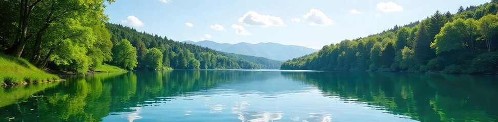 Naklejka premium Serene Summer Lake Calm Waters Reflecting a Bright Sky, Lush Green Trees Surround a Still Lake Perfect for Relaxation and Enjoyment of Natures Beauty