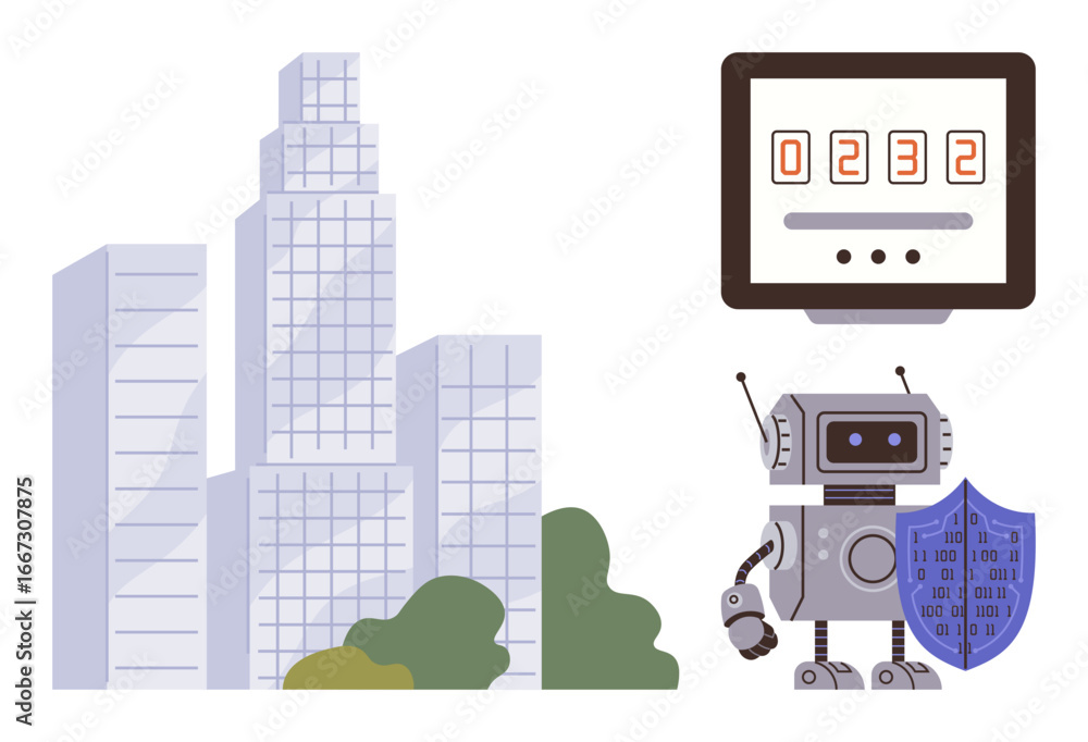 Aufkleber robot holding shield near skyscrapers, digital screen displaying a numeric code. ideal for ai securi