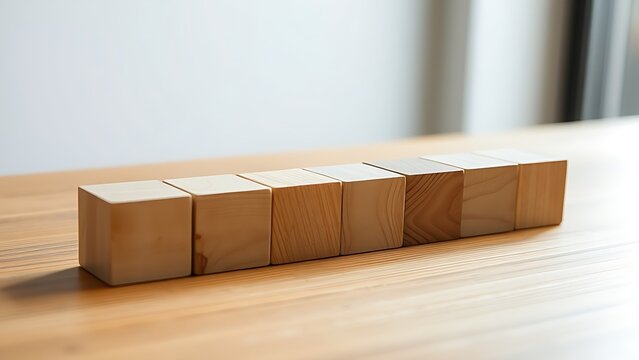 Wooden cube blocks arranged in progression on a smooth table, highlighted by soft natural lighting.