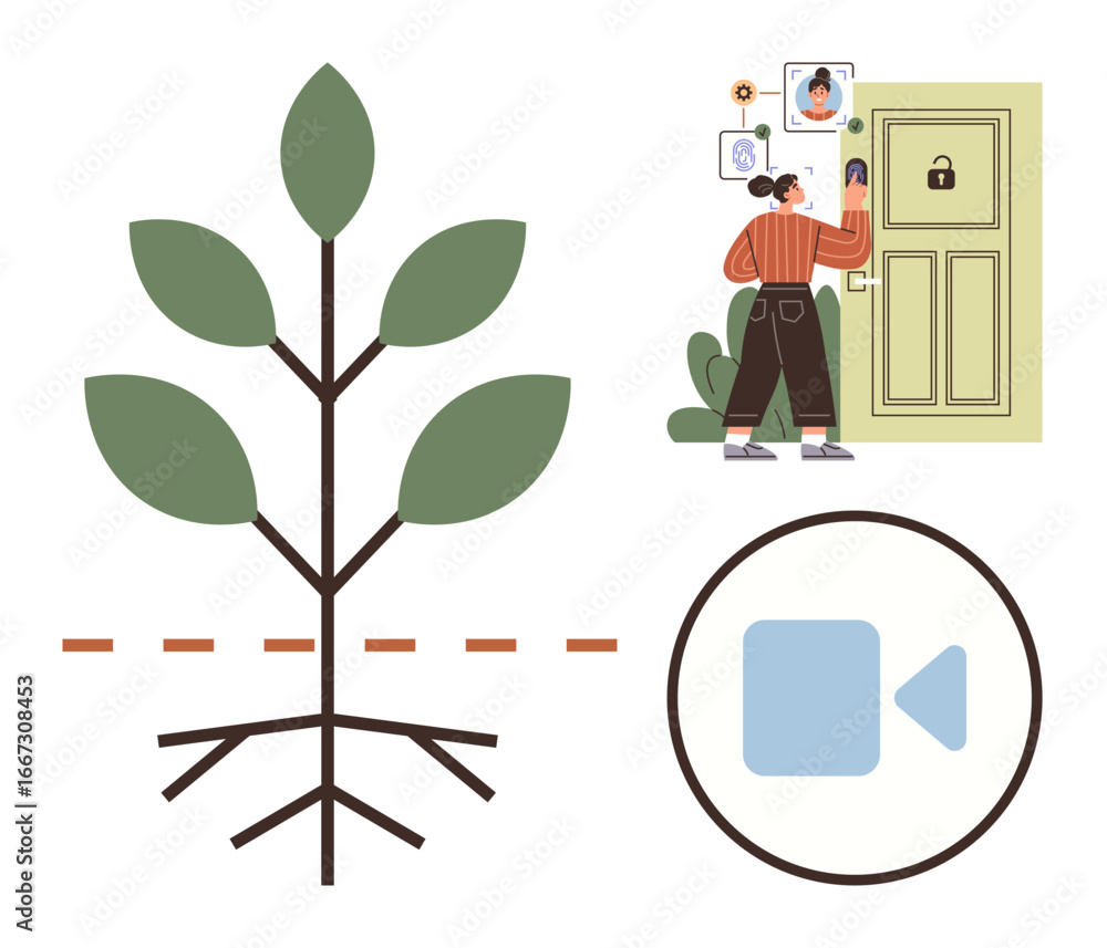 Poster tree with roots split by line, person accessing smart door and digital camera. ideal for growth, sec