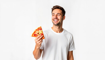 Young man smiling while holding a slice of pizza on white background  