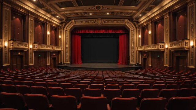 A luxurious theater auditorium seen from behind, with higher seats at the back and lower seats near the stage. The stage is a blank black screen with red curtains. 4k video